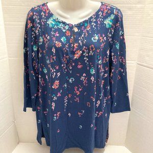 J Jill Wearever Collection 3/4 Sleeve Tunic Shirt Floral Blue Keyhole neck M